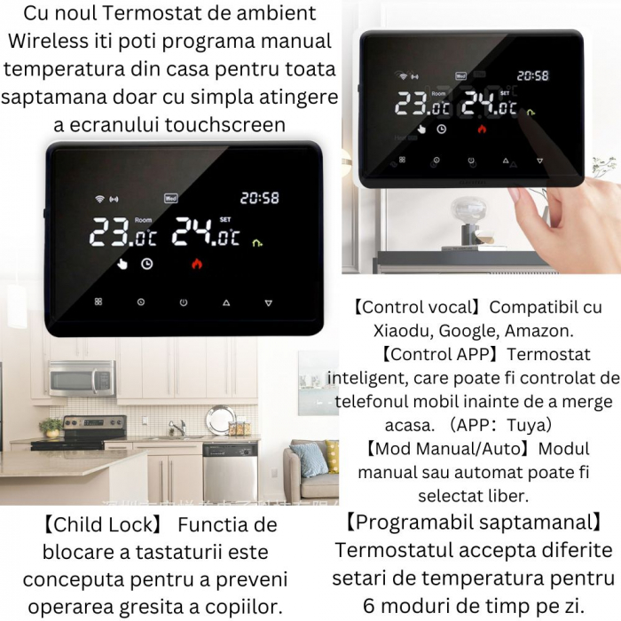 Termostat de Ambient CLAUSTEEL ME98, Wireless Touchscreen, Programare Saptamanala, Smart, Control de la Orice Distanta a Temperaturii Prin Internet/Telefon, Compatibil cu Orice Centrala, Incastrabil s [7]