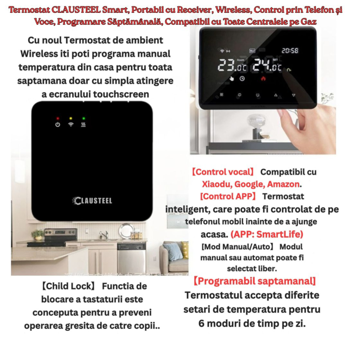 Termostat de Ambient CLAUSTEEL ME98, Wireless Touchscreen, Programare Saptamanala, Smart, Control de la Orice Distanta a Temperaturii Prin Internet/Telefon, Compatibil cu Orice Centrala, Incastrabil s [3]