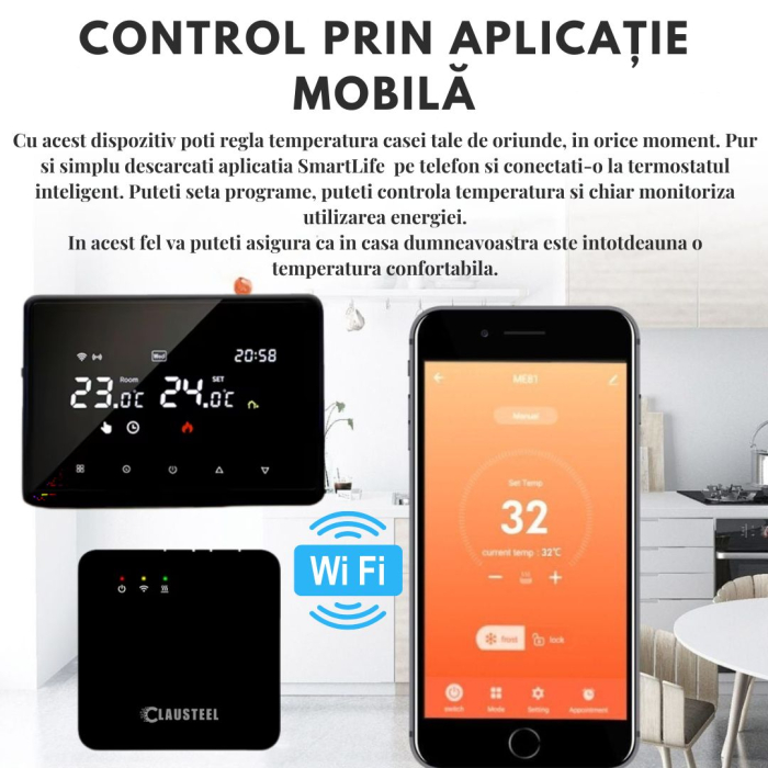 Termostat de Ambient CLAUSTEEL ME98, Wireless Touchscreen, Programare Saptamanala, Smart, Control de la Orice Distanta a Temperaturii Prin Internet/Telefon, Compatibil cu Orice Centrala, Incastrabil s [2]