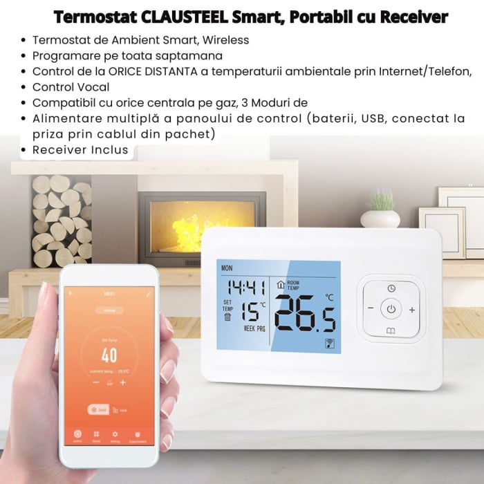 Termostat de Ambient CLAUSTEEL, Smart, Wireless, Programare saptamanala, Control de la Orice Distanta a Temperaturii Ambientale Prin Internet/Telefon, Compatibil cu orice centrala pe gaz [5]