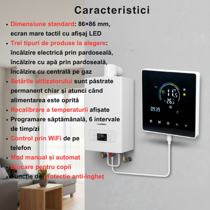 Termostat de Ambient CLAUSTEEL Wifi, Smart, Control de la distanta a temperaturii prin internet, Programare saptamanala, Compatibil cu orice centrala pe gaz, Incastrabil [8]