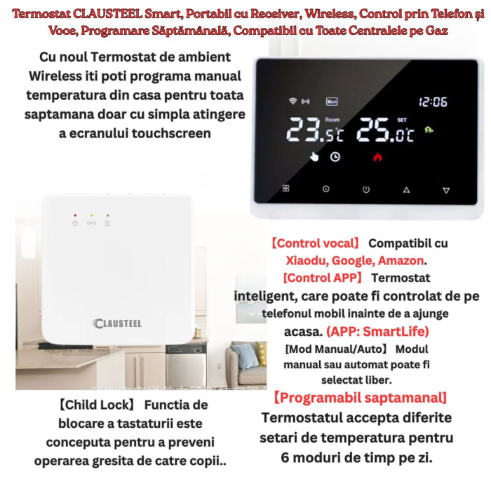 Termostat de Ambient, Wireless Touchscreen, Programare Saptamanala, Smart, Control de la Orice Distanta a Temperaturii Prin Internet/Telefon, Compatibil cu Orice Centrala pe gaz, Incastrabil sau pe Su [3]