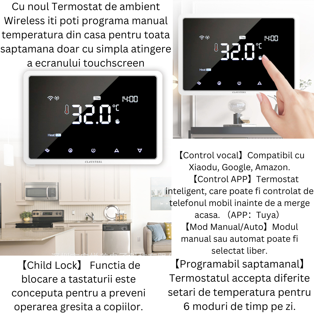 Termostat de Ambient, Wireless Touchscreen, Programare Saptamanala, Smart, Control de la Orice Distanta a Temperaturii Prin Internet/Telefon, Compatibil cu Orice Centrala pe gaz, Incastrabil sau pe Su [5]