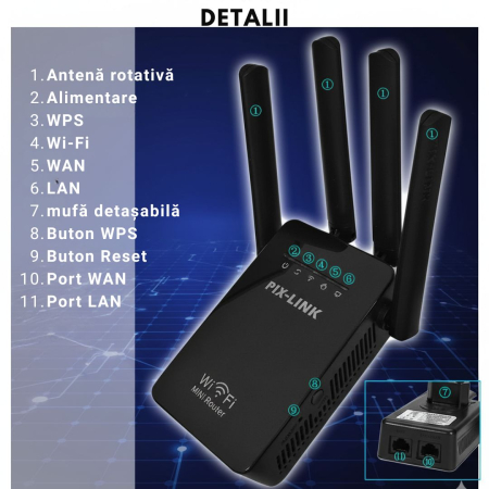 Amplificator de Semnal Wireless, Range Extender Retea WIFI, Retea 2,4GHz, Viteza 300Mbs, 4 Antene, Slot LAN, Compatibil cu 3G / 4G / 5G, Raza de actiune pana la 300M, Negru [5]