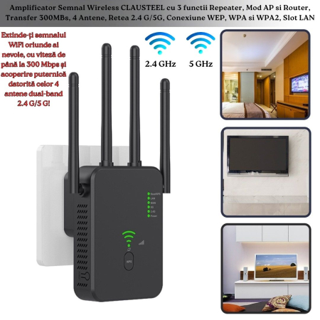 Amplificator Semnal Wireless CLAUSTEEL , Range Extender Retea WiFi 1200M ,3 functii Repeater, Mod AP si Router, Transfer 300MBs, 4 Antene, Retea 2.4 G/5G, Conexiune WEP, WPA si WPA2, Slot LAN, Negru [3]