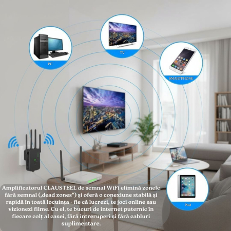 Amplificator Semnal Wireless CLAUSTEEL , Range Extender Retea WiFi 1200M ,3 functii Repeater, Mod AP si Router, Transfer 300MBs, 4 Antene, Retea 2.4 G/5G, Conexiune WEP, WPA si WPA2, Slot LAN, Negru [1]