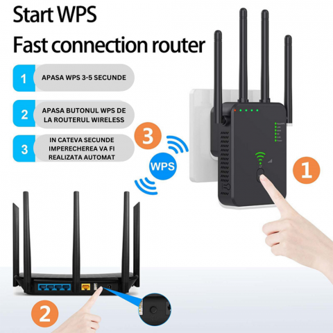 Amplificator Semnal Wireless CLAUSTEEL , Range Extender Retea WiFi 1200M ,3 functii Repeater, Mod AP si Router, Transfer 300MBs, 4 Antene, Retea 2.4 G/5G, Conexiune WEP, WPA si WPA2, Slot LAN, Negru [1]