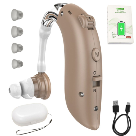 MEDICALE - Aparat Auditiv Premium CLAUSTEEL, Reincarcabil, Acumulator incorporat, Carcasa de protectie si 4 adaptoare de ureche incluse, 3 Moduri de functionare, 4 Trepte de volum, Reduce Zgomotul de Fundal, Hip
