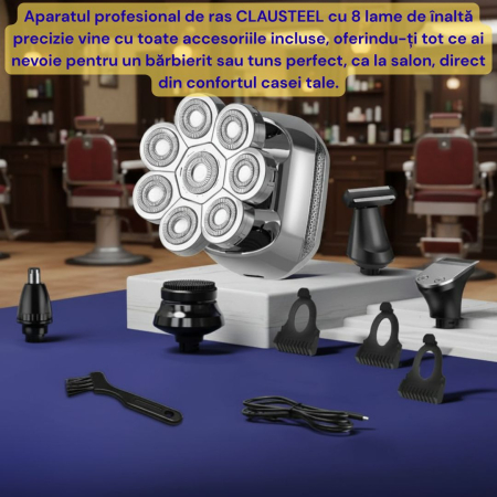 Aparat de ras Profesional CLAUSTEEL 8D pentru barbati, cu 8 lame, Accesorii 6 in 1, impermeabil IPX4, cu display LED, Kit profesional de ingrijire pentru barbati, Accesorii pentru barba si nas incluse [2]