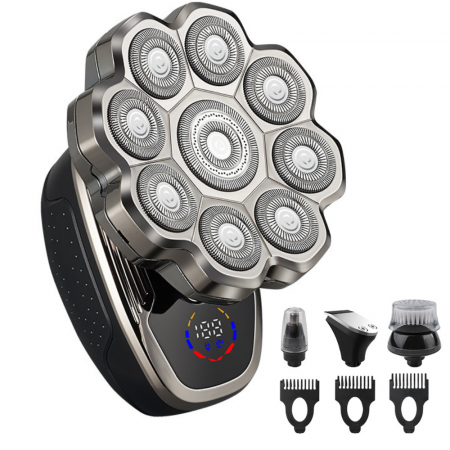 PROMOTII - Aparat de ras Profesional CLAUSTEEL 9D pentru barbati, cu 9 lame, Accesorii 6 in 1, impermeabil IPX5, cu display LED, Kit profesional de ingrijire pentru barbati, Accesorii pentru barba si nas incluse