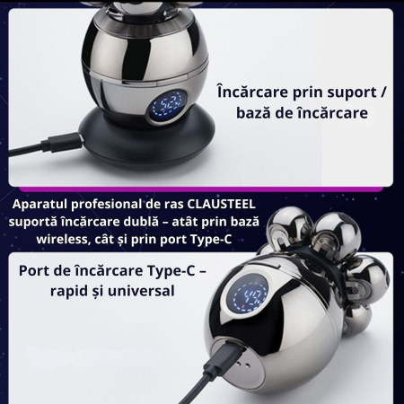 Aparat de ras Profesional CLAUSTEEL M2 pentru barbati, cu 7 lame, Accesorii 6 in 1, impermeabil IPX6, cu display LED, Kit profesional de ingrijire pentru barbati cu baza de incarcare Wireless, Accesor [2]