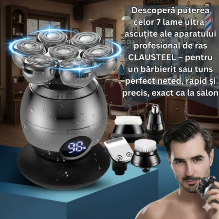 Aparat de ras Profesional CLAUSTEEL M2 pentru barbati, cu 7 lame, Accesorii 6 in 1, impermeabil IPX6, cu display LED, Kit profesional de ingrijire pentru barbati cu baza de incarcare Wireless, Accesor [5]