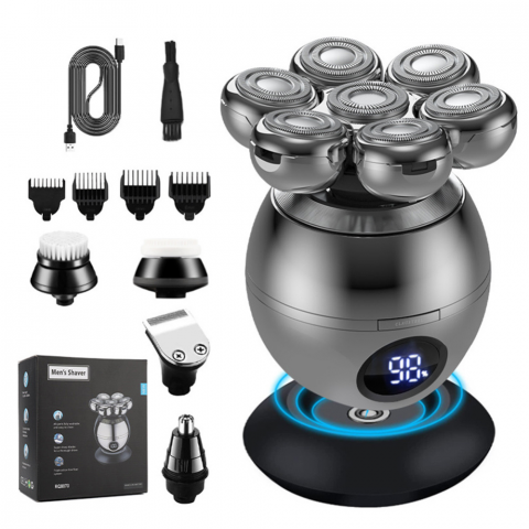 PROMOTII - Aparat de ras Profesional CLAUSTEEL M2 pentru barbati, cu 7 lame, Accesorii 6 in 1, impermeabil IPX6, cu display LED, Kit profesional de ingrijire pentru barbati cu baza de incarcare Wireless, Accesor