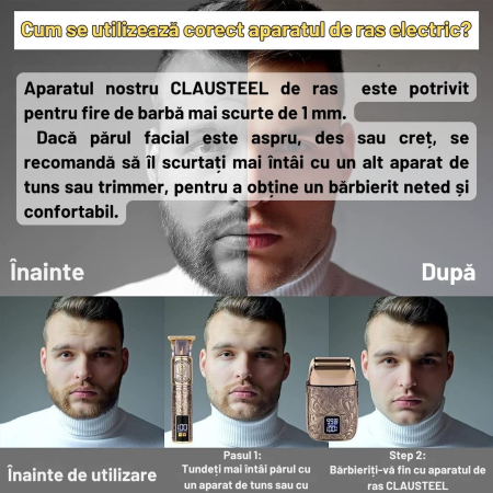 Aparat de ras profesional CLAUSTEEL RETRO pentru barbati, Acumulator incorporat 1400mAh, Incarcare USB, Portabil, Display digital,  7000RPM [2]