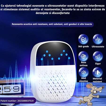 Aparat electronic CLAUSTEEL cu ultrasunete, rezonanta acustica anti rozatoare, anti sobolani, anti gandaci si alte insecte, pentru spatii de pana la 120MP [1]