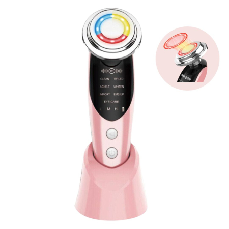 MASAJ FACIAL - Aparat Pentru Tratament Facial Si Intinerirea Pielii 7 in 1, Lifting Facial, Masaj Facial, Stimulare EMS, Mod de Ingrijire a Ochilor, Eliminare Acnee, Terapie cu Fotoni de Lumina, Anti Rid, Roz