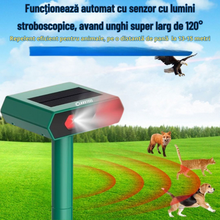 Aparat profesional cu lumini stroboscopice si panou solar CLAUSTEEL 2 in 1, senzor infrarosu, lumini stroboscopice, anti rozatoare, anti sobolani, dihori, pasari, reptile, caini, pisici, animale salba [1]