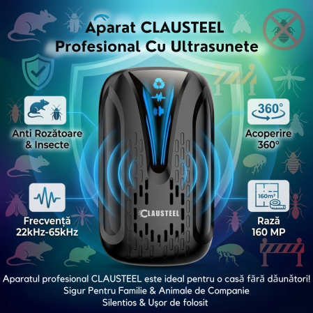 Aparat profesional cu ultrasunete CLAUSTEEL, anti rozatoare, anti insecte, tantari, muste, molii, gandaci, plosnite, purici, musculite de otet, furnici, frecventa 22kHz-65kHz, acoperire 360°, raza 160 [1]