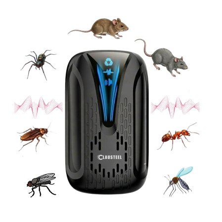 Aparat profesional cu ultrasunete CLAUSTEEL, anti rozatoare, anti insecte, tantari, muste, molii, gandaci, plosnite, purici, musculite de otet, furnici, frecventa 22kHz-65kHz, acoperire 360°, raza 160