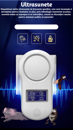 Aparat profesional cu ultrasunete CLAUSTEEL anti rozatoare, anti sobolani, anti insecte, frecventa 20kHz-65kHz, afisaj digital, acoperire 360°, raza 200 MP, Alb [5]