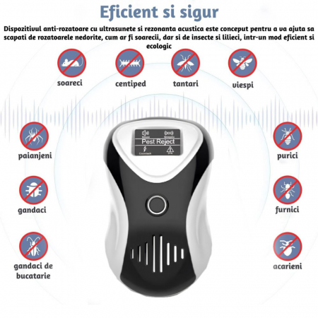 Aparat profesional cu ultrasunete CLAUSTEEL anti rozatoare, anti sobolani, anti insecte, frecventa 20kHz-65kHz, afisaj digital, acoperire 360°, raza 220 MP, Alb-negru [6]