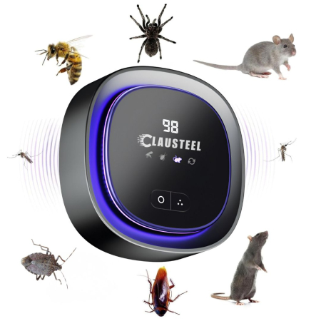 PET SHOP & INSECTICIDE SI CAPCANE - Aparat profesional cu ultrasunete CLAUSTEEL , anti rozatoare, anti sobolani, anti insecte, frecventa 20kHz-65kHz, afisaj digital, acoperire 360°, raza 300 MP, Negru