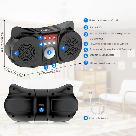 Aparat profesional cu ultrasunete CLAUSTEEL cu 2 difuzoare, 12 lumini intermitente, senzor PIR, anti rozatoare, anti sobolani, anti insecte, frecventa 20kHz-65kHz, acoperire 360°, raza 350 MP, Negru T [6]