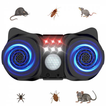 INSECTICIDE SI CAPCANE - Aparat profesional cu ultrasunete CLAUSTEEL cu 2 difuzoare, 12 lumini intermitente, senzor PIR, anti rozatoare, anti sobolani, anti insecte, frecventa 20kHz-65kHz, acoperire 360°, raza 350 MP, Negru T