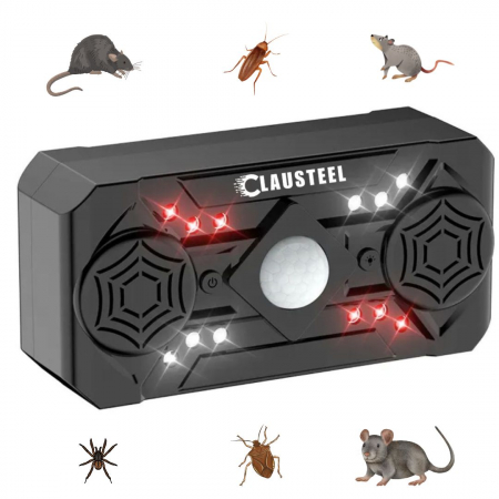 INSECTICIDE SI CAPCANE - Aparat profesional cu ultrasunete CLAUSTEEL cu 2 difuzoare, 12 lumini intermitente, senzor PIR, anti rozatoare, anti sobolani, anti insecte, frecventa 20kHz-65kHz, acoperire 360°, raza 320 MP, Negru L