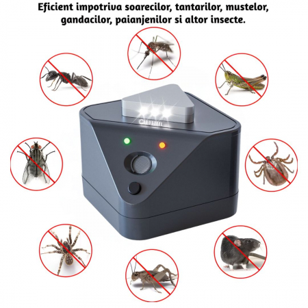 Aparat profesional cu ultrasunete CLAUSTEEL cu 2 difuzoare, 9 lumini intermitente, anti rozatoare, anti sobolani, anti insecte, frecventa 20kHz-65kHz, acoperire 360°, raza 400 MP, Negru melange [1]