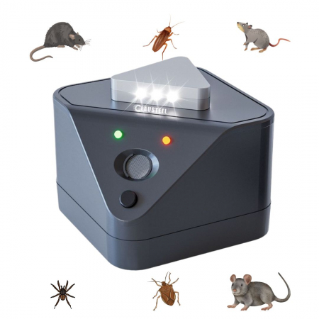PET SHOP & INSECTICIDE SI CAPCANE - Aparat profesional cu ultrasunete CLAUSTEEL cu 2 difuzoare, 9 lumini intermitente, anti rozatoare, anti sobolani, anti insecte, frecventa 20kHz-65kHz, acoperire 360°, raza 400 MP, Negru melange