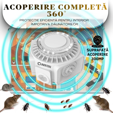 Aparat profesional cu ultrasunete CLAUSTEEL cu 3 difuzoare si lumini intermitente, anti insecte, anti rozatoare, anti sobolani, frecventa variabila in functie de daunatori, 25kHz-65kHz, raza 300MP, ac [1]