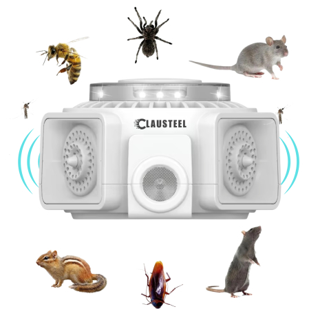 Aparat profesional cu ultrasunete CLAUSTEEL cu 3 difuzoare si lumini intermitente, anti insecte, anti rozatoare, anti sobolani, frecventa variabila in functie de daunatori, 25kHz-65kHz, raza 300MP, ac