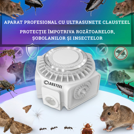 Aparat profesional cu ultrasunete CLAUSTEEL cu 3 difuzoare si lumini intermitente, anti insecte, anti rozatoare, anti sobolani, frecventa variabila in functie de daunatori, 25kHz-65kHz, raza 300MP, ac [4]
