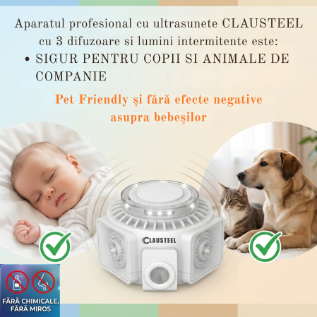 Aparat profesional cu ultrasunete CLAUSTEEL cu 3 difuzoare si lumini intermitente, anti insecte, anti rozatoare, anti sobolani, frecventa variabila in functie de daunatori, 25kHz-65kHz, raza 300MP, ac [5]