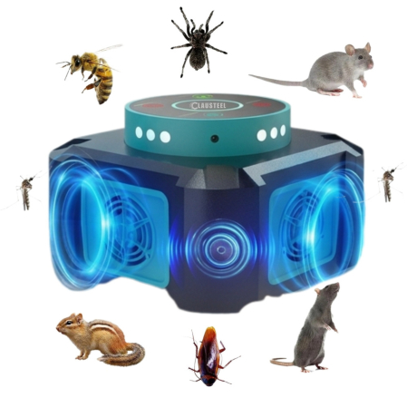 Aparat profesional cu ultrasunete CLAUSTEEL cu 4 difuzoare si lumini intermitente, anti insecte, anti rozatoare, anti sobolani, furnici, gandaci, frecventa variabila in functie de daunatori, 25kHz-65k