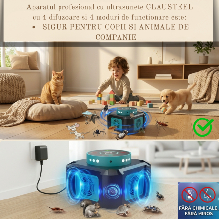 Aparat profesional cu ultrasunete CLAUSTEEL cu 4 difuzoare si lumini intermitente, anti insecte, anti rozatoare, anti sobolani, furnici, gandaci, frecventa variabila in functie de daunatori, 25kHz-65k [6]