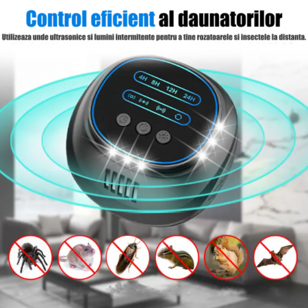 Aparat profesional cu ultrasunete CLAUSTEEL cu difuzoare si lumini intermitente, anti rozatoare, anti sobolani, anti insecte, frecventa 20kHz-65kHz, afisaj digital, acoperire 360°, raza 300 MP, Negru [1]