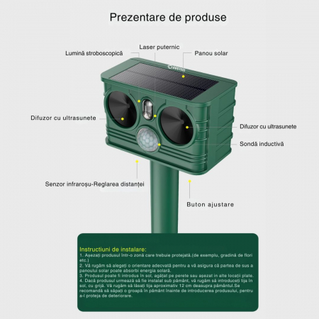 Aparat profesional cu ultrasunete si panou solar CLAUSTEEL 3in1, senzor infrarosu, lumini stroboscopice, anti rozatoare, anti sobolani, dihori, pasari, reptile, caini, pisici, animale salbatice, acope [8]