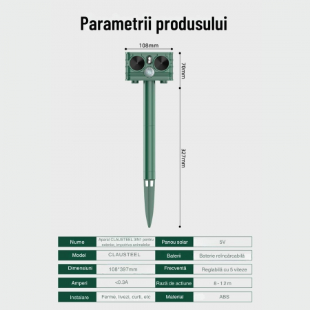 Aparat profesional cu ultrasunete si panou solar CLAUSTEEL 3in1, senzor infrarosu, lumini stroboscopice, anti rozatoare, anti sobolani, dihori, pasari, reptile, caini, pisici, animale salbatice, acope [9]