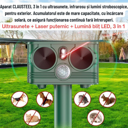 Aparat profesional cu ultrasunete si panou solar CLAUSTEEL 3in1, senzor infrarosu, lumini stroboscopice, anti rozatoare, anti sobolani, dihori, pasari, reptile, caini, pisici, animale salbatice, acope [1]