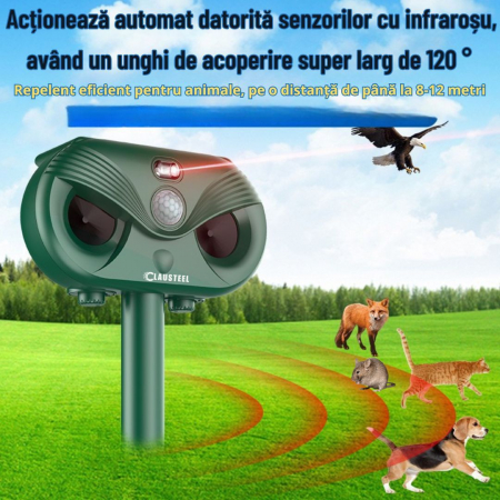 Aparat profesional cu ultrasunete si panou solar CLAUSTEEL 3in1, senzor infrarosu, lumini stroboscopice, anti rozatoare, anti sobolani, dihori, pasari, reptile, caini, pisici, animale salbatice, acope [3]