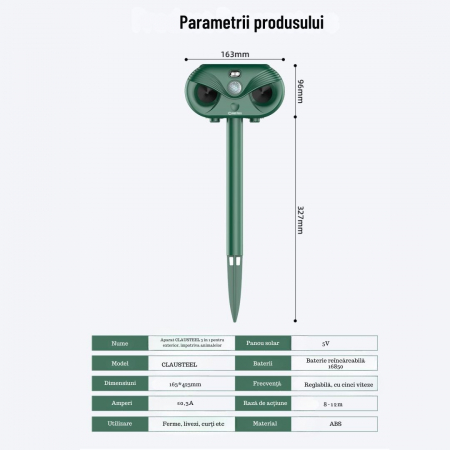 Aparat profesional cu ultrasunete si panou solar CLAUSTEEL 3in1, senzor infrarosu, lumini stroboscopice, anti rozatoare, anti sobolani, dihori, pasari, reptile, caini, pisici, animale salbatice, acope [9]