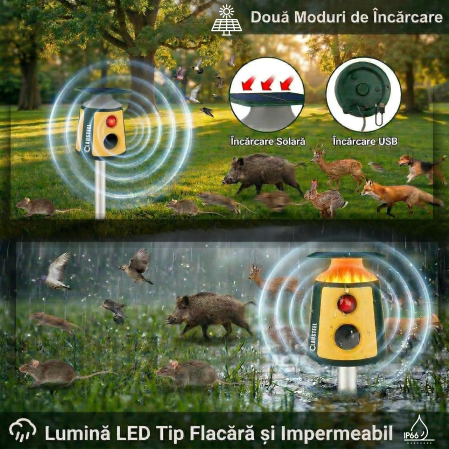 Aparat profesional cu ultrasunete si panou solar CLAUSTEEL 4in1, 3 difuzoare 360°, senzor PIR 360°,  LED-uri tip flacara si alarma sonora, anti rozatoare, sobolani, dihori, pasari, reptile, caini, ani [4]