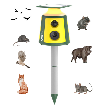 Aparat profesional cu ultrasunete si panou solar CLAUSTEEL 4in1, 3 difuzoare 360°, senzor PIR 360°,  LED-uri tip flacara si alarma sonora, anti rozatoare, sobolani, dihori, pasari, reptile, caini, ani