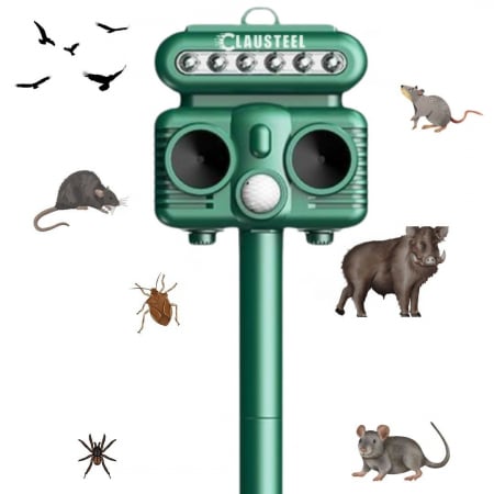INSECTICIDE SI CAPCANE - Aparat profesional cu ultrasunete si panou solar CLAUSTEEL 4in1, Flashuri LED, senzor de miscare, senzor de lumina, anti rozatoare, sobolani, dihori, pasari, reptile, caini, pisici, animale salbatice,