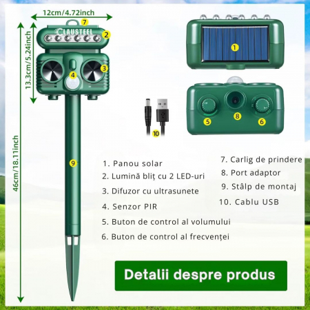 Aparat profesional cu ultrasunete si panou solar CLAUSTEEL 4in1, Flashuri LED, senzor de miscare, senzor de lumina, anti rozatoare, sobolani, dihori, pasari, reptile, caini, pisici, animale salbatice, [8]