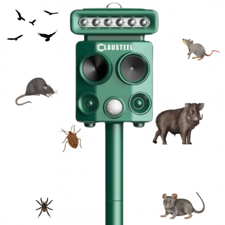 INSECTICIDE SI CAPCANE - Aparat profesional cu ultrasunete si panou solar CLAUSTEEL 4in1, lumini intermitente, senzor de miscare, senzor de lumina, anti rozatoare, anti sobolani, dihori, pasari, reptile, caini, pisici, animal