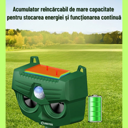 Aparat profesional cu ultrasunete si panou solar CLAUSTEEL 4in1, lumini stroboscopice, alarma 120 DB, senzor de miscare, anti rozatoare, anti sobolani, dihori, pasari, reptile, caini, pisici, animale [4]