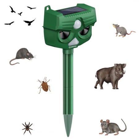 INSECTICIDE SI CAPCANE - Aparat profesional cu ultrasunete si panou solar CLAUSTEEL 4in1, lumini stroboscopice, alarma 120 DB, senzor de miscare, anti rozatoare, anti sobolani, dihori, pasari, reptile, caini, pisici, animale
